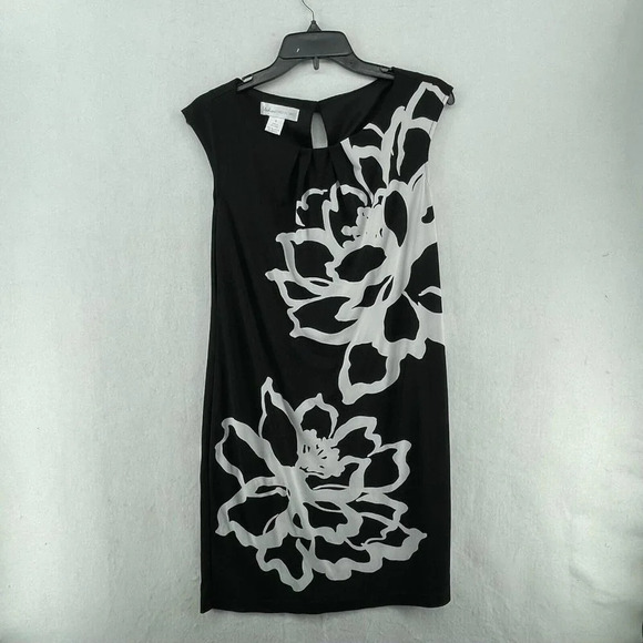 Studio by London Times Dress Women's Sz 6 Black Floral Round Neck Pleated - Picture 1 of 10